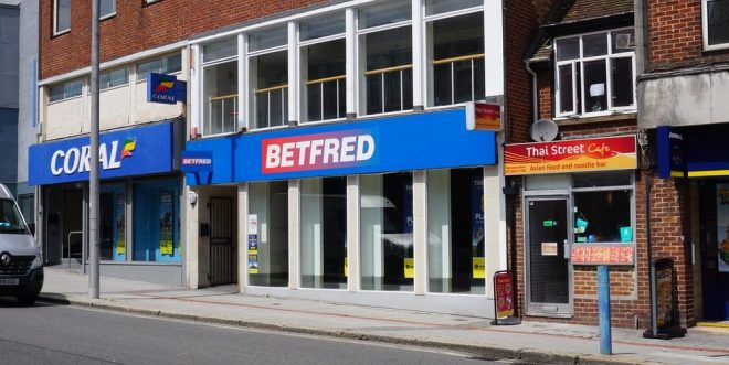Betfred and Coral betting shops on a high street in Southampton, UK