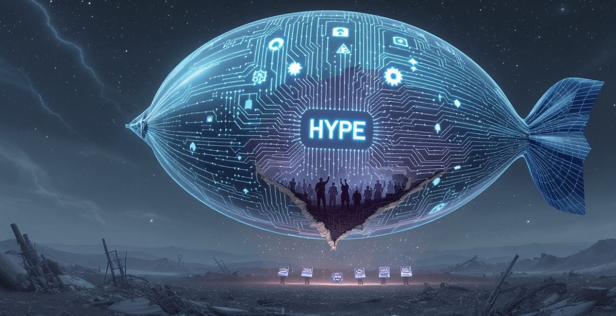 A AI generated zeppelin with the word "hype" on the front of it, literal concept of AI hype that EveryMatrix is looking to get past