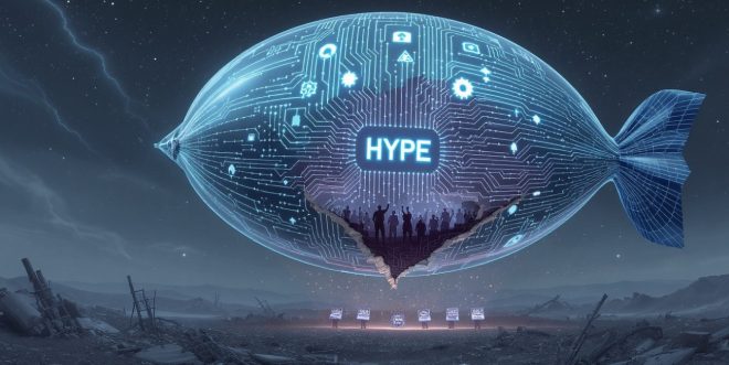 A AI generated zeppelin with the word "hype" on the front of it, literal concept of AI hype that EveryMatrix is looking to get past