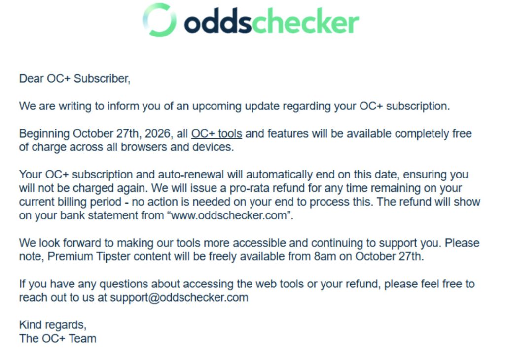 SBC News Oddschecker makes OC+ tools free, closing subscription service